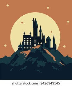 scene of a spooky castle on top of a mountain with the moon in the background