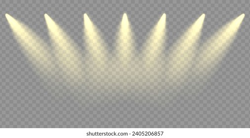 Scene spot lights as stage background. Golden rays shine bright in night party studio or theater show. Disco projector flare with yellow cinema floodlight