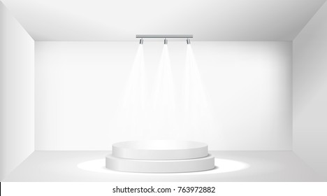 Scene with spotlights. Three lamp illuminate the two podium steps. Vector