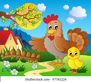 Escena con tema 1 de la temporada de primavera - ilustración vectorial.