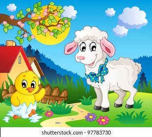 Scene with spring season theme 3 - vector illustration.