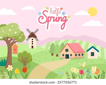 Scene spring seasonal illustration landscape with green field, cute houses, mill and trees with flowers. Spring lettering cute, vector