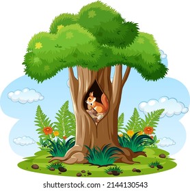 Scene with squirrel eating nuts in hollow illustration