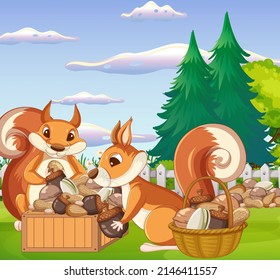 A scene of squirrel eating nuts at the park illustration