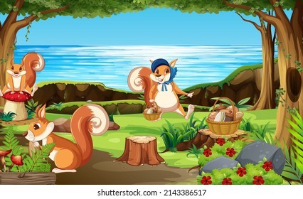 Scene with squirrels in the forest illustration