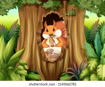 Scene with squirrels in forest illustration