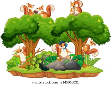 Scene with squirrels in forest illustration