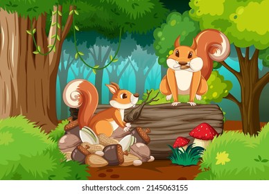 Scene with squirrels in forest illustration