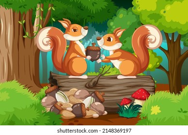 Scene with squirrels in forest illustration