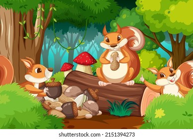 Escena con ardillas en la ilustración forestal