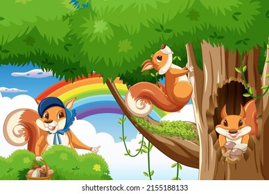 Scene with squirrels in forest illustration