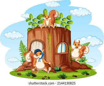 Scene with squirrels in garden illustration
