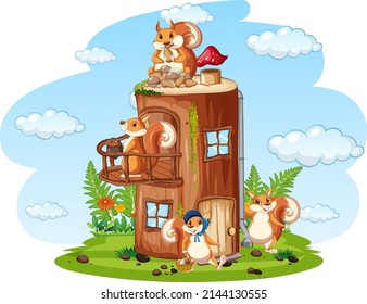 Scene with squirrels at home illustration