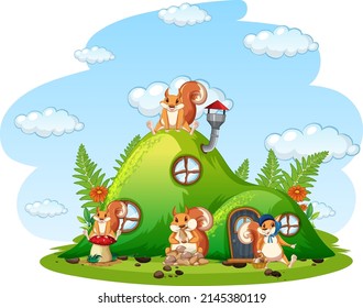 Scene with squirrels in the house illustration