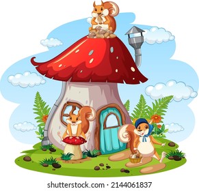 Scene with squirrels at mushroom house illustration