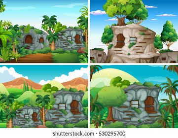 Scene with stone houses in jungle illustration