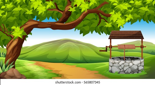 Scene with stone well in the field illustration