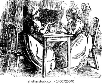 A scene from the story Anne Lisbeth this scene shows two females sitting on chairs with table in between them and discussing something and a cup kept on table vintage line drawing or engraving