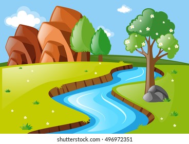 Scene with stream running through field illustration