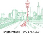 Scene street illustration. Hand drawn ink line sketch panorama New York city, Manhattan  with buildings,construction, bridge in outline style perspective view. Postcards design