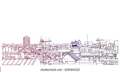 Scene Street Illustration. Hand Drawn Ink Line Sketch European Old Town, Historical Architecture  With Buildings, Roofs In Outline Style. Ink Drawing Of Cityscape, Perspective View. Travel Postcard.