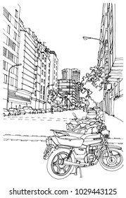 Scene street illustration. Hand drawn ink line sketch European old town, historical architecture  with buildings, roofs in outline style. Ink drawing of cityscape, perspective view. Travel postcard.