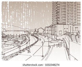 Scene street illustration. Hand drawn ink line sketch Vancouver, Canada  with buildings, windows, cityscape  in outline style perspective view. Postcards design.