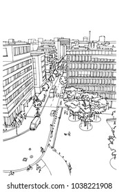 Scene street illustration. Hand drawn ink line sketch European old town, historical architecture  with buildings, roofs in outline style. Ink drawing of cityscape, perspective view. Travel postcard.
