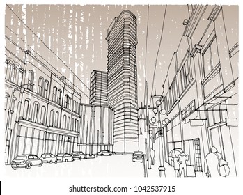 Scene Street Illustration. Hand Drawn Ink Line Sketch New York City, USA With Buildings, Windows, Cityscape, People, Cars  In Outline Style Perspective View. Postcards Design.