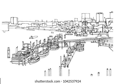 Scene street illustration. Hand drawn ink line sketch European old town, Hamburg, Germany  with buildings, ships in outline style. Ink drawing of cityscape, perspective view. Travel postcard.