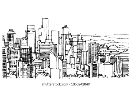 Scene street illustration. Hand drawn ink line sketch New York city, with buildings, windows, cityscape  in outline style perspective view. Postcards design.