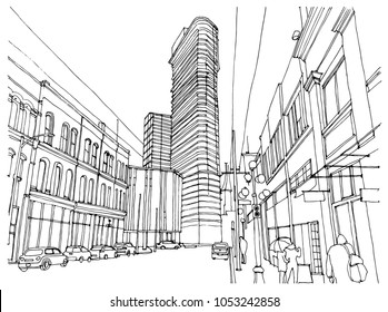 Scene street illustration. Hand drawn ink line sketch New York city, USA with buildings, windows, cityscape, people, cars  in outline style perspective view. Postcards design.