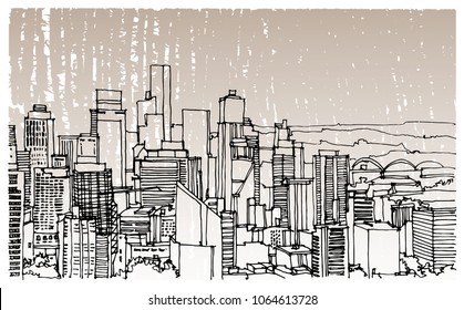 Scene street illustration. Hand drawn ink line sketch New York city, with buildings, windows, cityscape  in outline style perspective view. Postcards design.