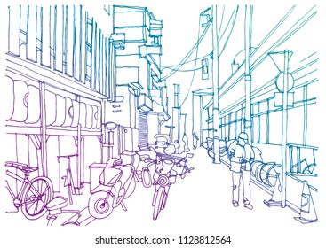 Scene street illustration. Hand drawn ink line sketch Tokyo,  Japan with buildings, street cityscape in outline style perspective view. Postcards design