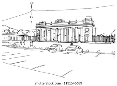 Scene street illustration. Hand drawn ink line sketch Moscow,  Russian Federation with buildings, street cityscape, cars in outline style perspective view. Postcards design.