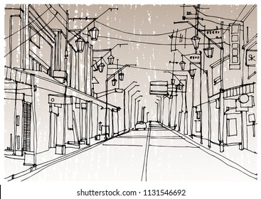 Scene Street Illustration. Hand Drawn Ink Line Sketch Tokyo,  Japan With Buildings, Street Cityscape In Outline Style Perspective View. Postcards Design