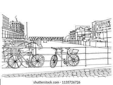 Scene street illustration. Hand drawn ink line sketch European old town, Hamburg, Germany  with buildings, embankment in outline style. Ink drawing of cityscape, perspective view. Travel postcard.