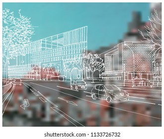Scene street illustration. Hand drawn ink line sketch European old town, Hamburg, Germany  with buildings, embankment in outline style. Ink drawing of cityscape, perspective view. Travel postcard.