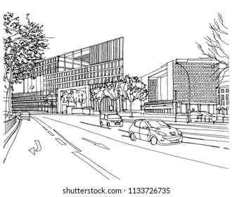Scene street illustration. Hand drawn ink line sketch European old town, Hamburg, Germany  with buildings, embankment in outline style. Ink drawing of cityscape, perspective view. Travel postcard.
