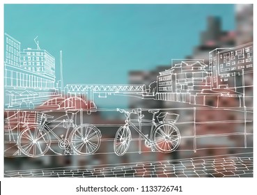 Scene street illustration. Hand drawn ink line sketch European old town, Hamburg, Germany  with buildings, embankment in outline style. Ink drawing of cityscape, perspective view. Travel postcard.