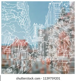  Scene street illustration. Hand drawn ink line sketch New York city, Brooklyn, Manhattan  with buildings,road, bridge, cityscape  in outline style perspective view. Postcards design.