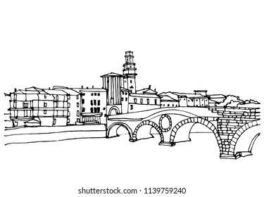 Scene street illustration. Hand drawn ink line sketch European old town Verona, Italy with buildings, windows, bridge. Ink drawing of cityscape, perspective view. Travel postcard.