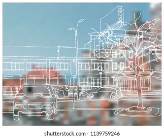 Scene street illustration. Hand drawn ink line sketch Boston, USA with buildings, windows, cityscape, people, cars  in outline style perspective view. Postcards design.