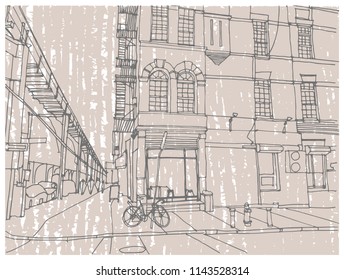 Scene street illustration. Hand drawn ink line sketch New York city, USA with buildings, windows, cityscape, people, cars  in outline style perspective view. Postcards design.