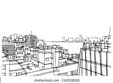Scene street illustration. Hand drawn ink line sketch New York city, Brooklyn, Manhattan  with buildings, roofs, Williamsburg bridge, cityscape  in outline style perspective view. Postcards design.