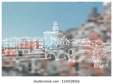 Scene street illustration. Hand drawn ink line sketch European old town Verona, Italy with buildings, windows, bridge. Ink drawing of cityscape, perspective view. Travel postcard.