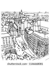 Scene street illustration. Hand drawn ink line sketch European old town Munich, Germany  with buildings, roofs in outline style. Ink drawing of cityscape, perspective panorama view. Travel postcard.