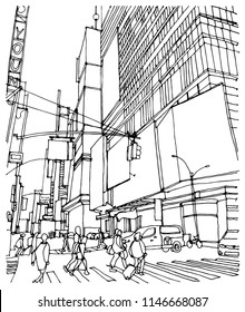 Scene street illustration. Hand drawn ink line sketch New York city, USA with buildings, windows, cityscape, people, cars  in outline style perspective view. Postcards design.