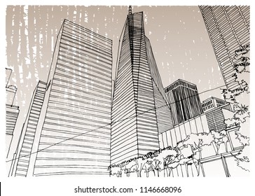 Scene street illustration. Hand drawn ink line sketch Chicago, USA with buildings, windows, cityscape, people, cars  in outline style perspective view. Postcards design.