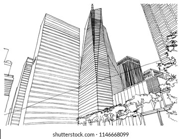 Scene street illustration. Hand drawn ink line sketch Chicago, USA with buildings, windows, cityscape, people, cars  in outline style perspective view. Postcards design.